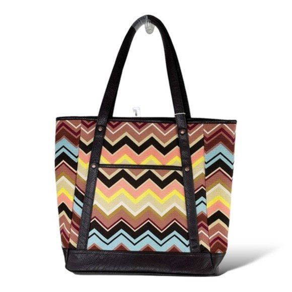 NEW MISSONI FOR TARGET LARGE BROWN ZIGZAG CANVAS TOTE BAG - Picture 1 of 4